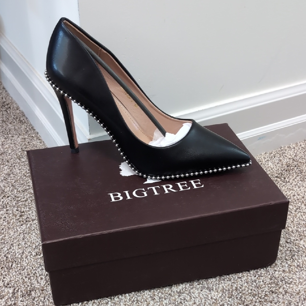 Black Pointed-Toe Stiletto Pumps with Silver Bead Trim